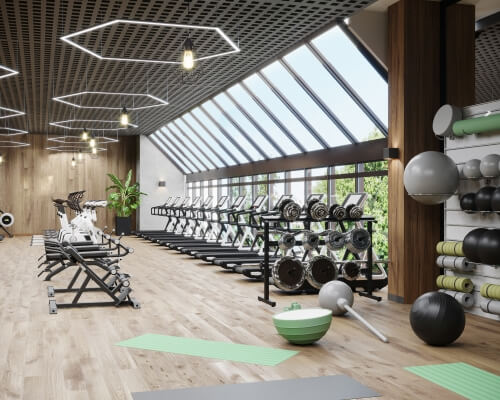 Gym workout equipment including treadmill, dumbbells and training gear in a modern fitness center